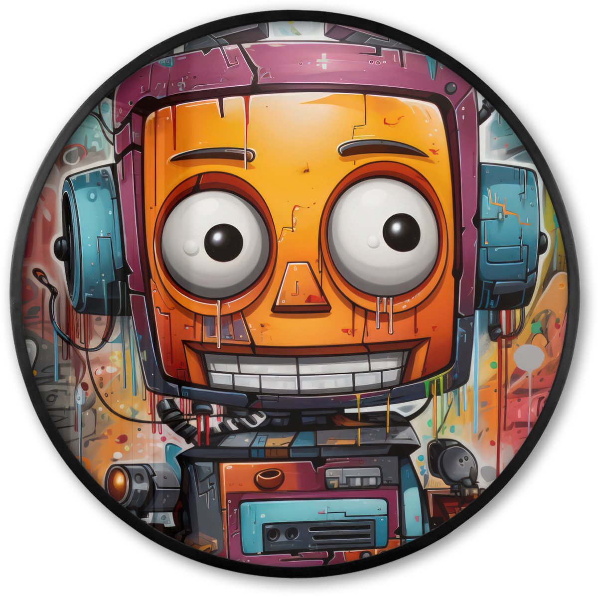 FrameYourWall Poster in lijst Rond - Fotolijst 60x60 cm - Posters - Robot - Graffiti - Oranje - Kleuren - Ronde posterlijst zwart - Decoratie - Wanddecoratie woonkamer - Muurdecoratie slaapkamer Robot - Kleurrijk