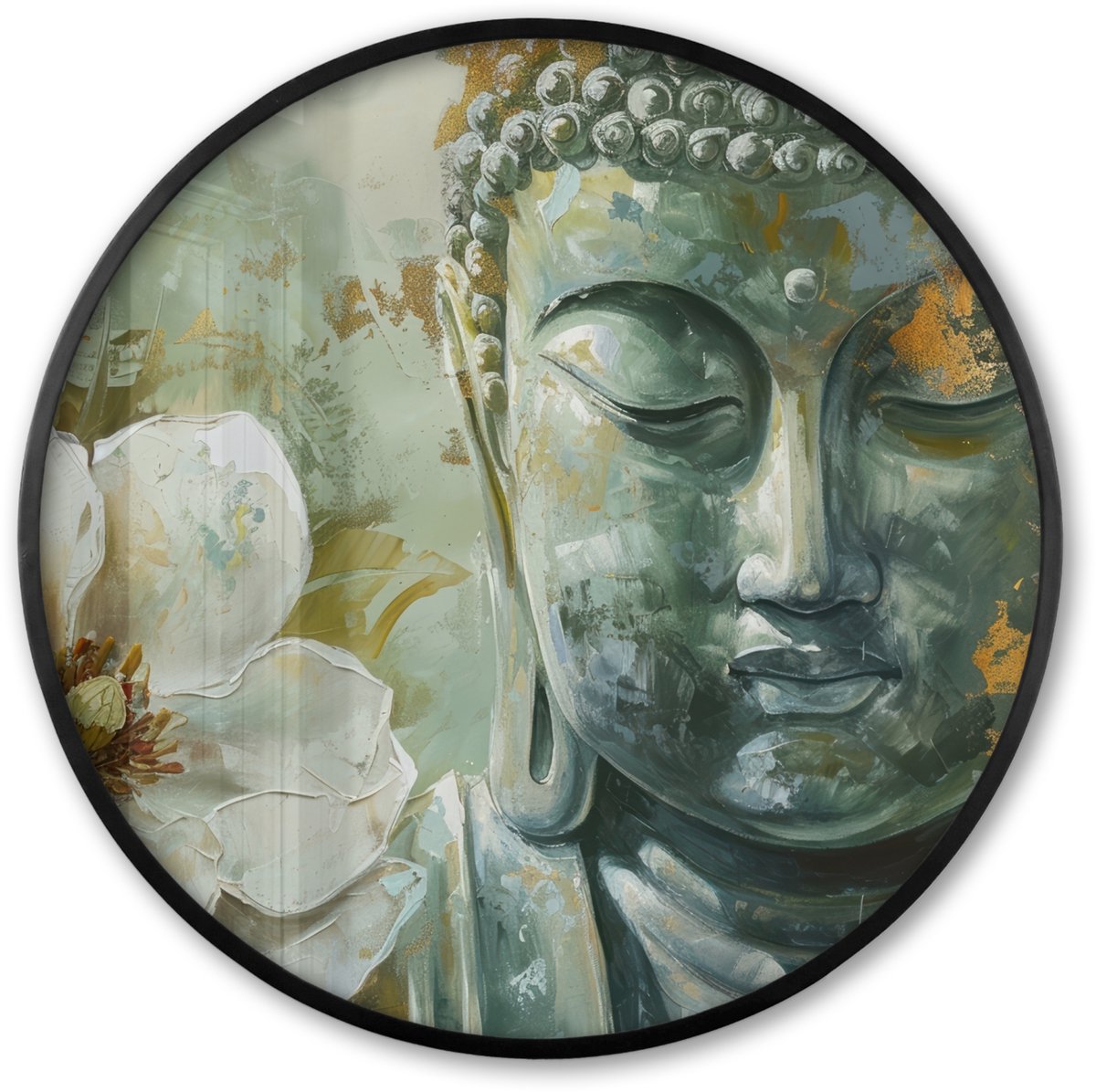 FrameYourWall Poster in lijst Rond - Fotolijst 80x80 cm - Posters - Boeddha - Groen - Lotusbloem - Wit - Ronde posterlijst zwart - Decoratie - Wanddecoratie woonkamer - Muurdecoratie slaapkamer