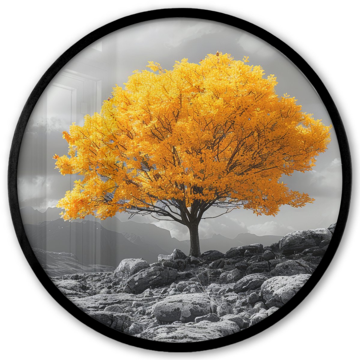 FrameYourWall Poster in lijst Rond - Fotolijst 40x40 cm - Posters - Boom - Geel - Natuur - Zwart wit - Ronde posterlijst zwart - Decoratie - Wanddecoratie woonkamer - Muurdecoratie slaapkamer