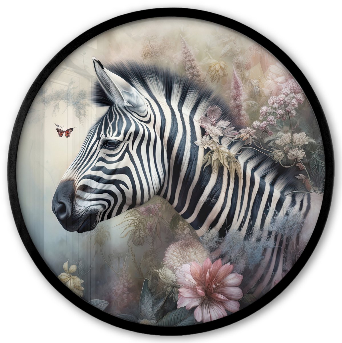 FrameYourWall Poster in lijst Rond - Fotolijst 40x40 cm - Posters - Zebra - Wilde dieren - Vlinder - Bloemen - Ronde posterlijst zwart - Decoratie - Wanddecoratie woonkamer - Muurdecoratie slaapkamer Zebra - Bloemen