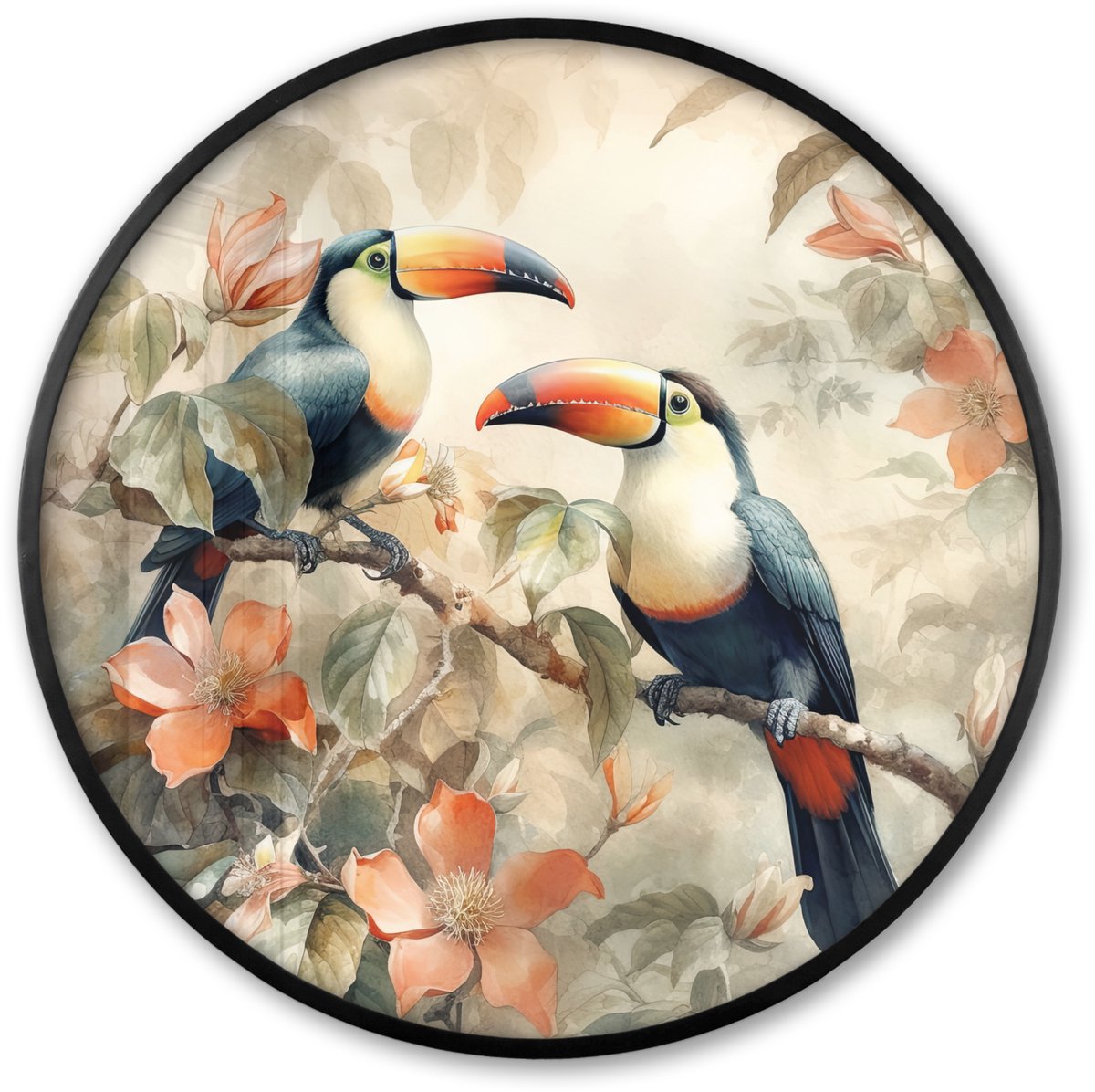 FrameYourWall Poster in lijst Rond - Fotolijst 80x80 cm - Posters - Toekan - Vogels - Bloemen - Tak - Ronde posterlijst zwart - Decoratie - Wanddecoratie woonkamer - Muurdecoratie slaapkamer