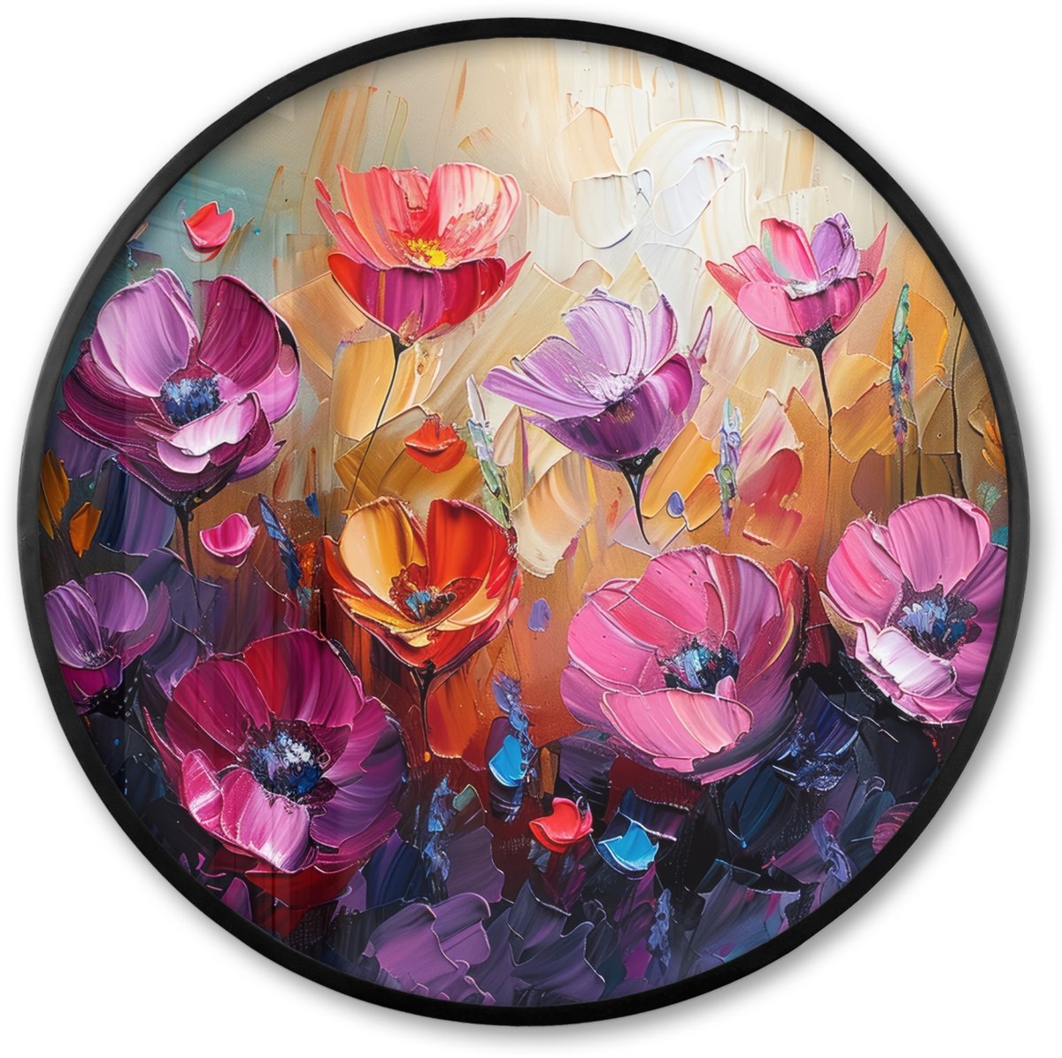 FrameYourWall Poster in lijst Rond - Fotolijst 60x60 cm - Posters - Bloemen - Paars - Kleurrijk - Handgeschilderd - Kunst - Ronde posterlijst zwart - Decoratie - Wanddecoratie woonkamer - Muurdecoratie slaapkamer