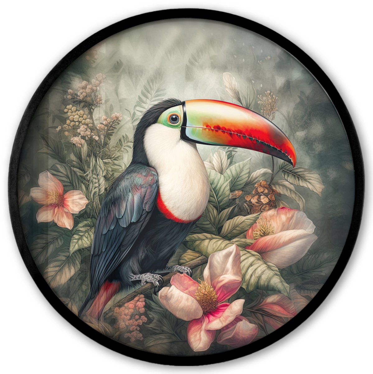FrameYourWall Poster in lijst Rond - Fotolijst 40x40 cm - Posters - Toekan - Vogels - Bloemen - Planten - Tropisch - Ronde posterlijst zwart - Decoratie - Wanddecoratie woonkamer - Muurdecoratie slaapkamer