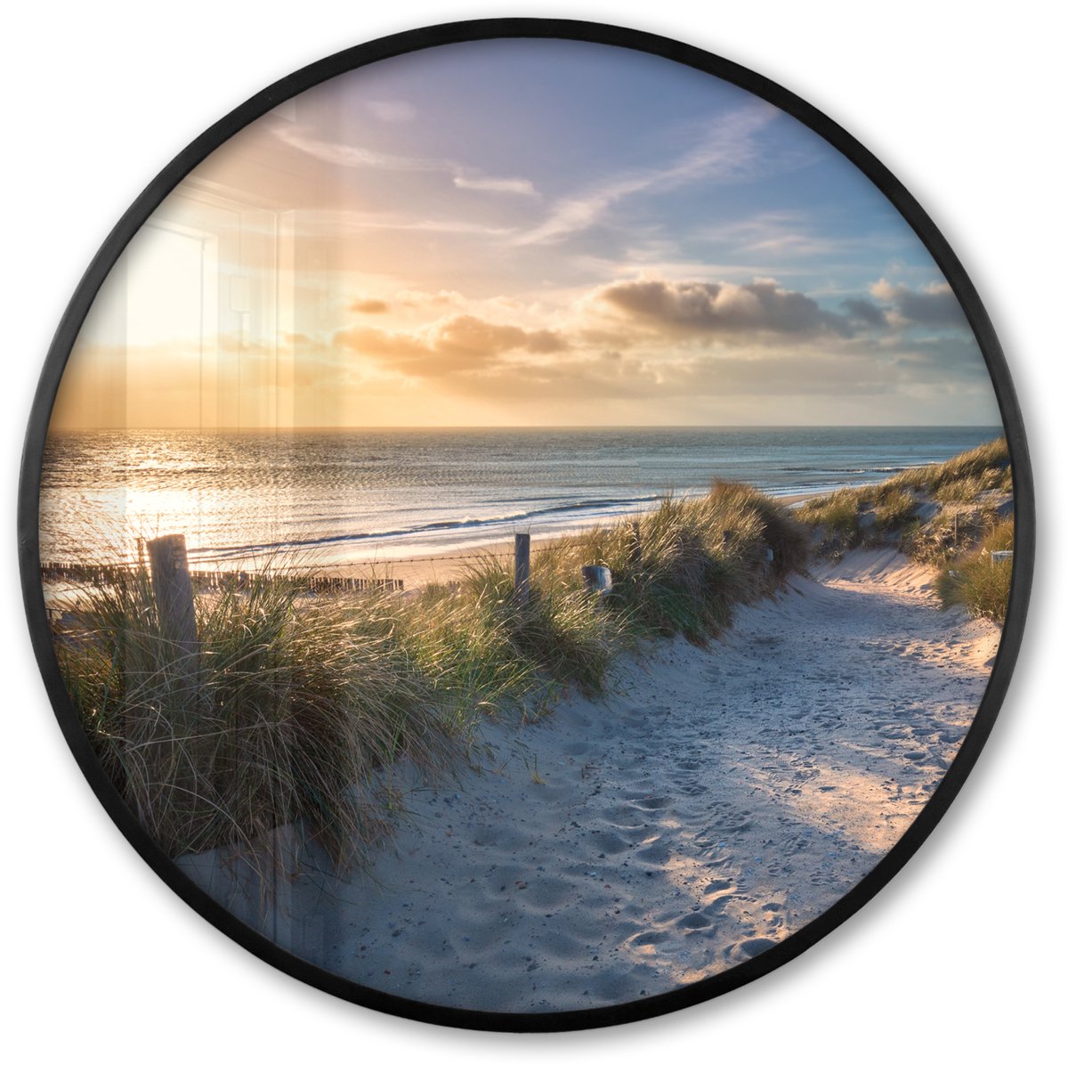 FrameYourWall Poster in lijst Rond - Fotolijst 80x80 cm - Posters - Zonsondergang - Strand - Duin - Gras - Bank - Ronde posterlijst zwart - Decoratie - Wanddecoratie woonkamer - Muurdecoratie slaapkamer Landschap - Strand - Duin