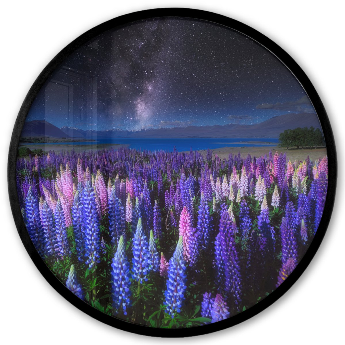 FrameYourWall Poster in lijst Rond - Fotolijst 40x40 cm - Posters - Bloemen - Nacht - Lupine - Sterrenhemel - Paars - Natuur - Ronde posterlijst zwart - Decoratie - Wanddecoratie woonkamer - Muurdecoratie slaapkamer Multicolor