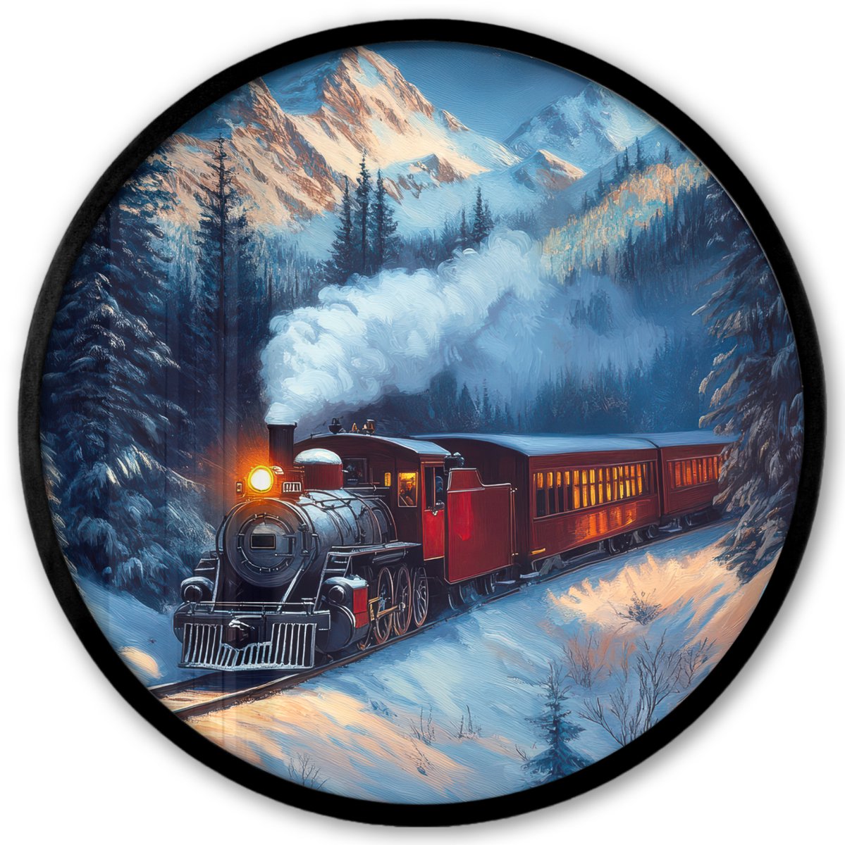 FrameYourWall Poster in lijst Rond - Fotolijst 40x40 cm - Posters - Trein - Kerst - Sneeuw - Kersttrein - Ronde posterlijst zwart - Decoratie - Wanddecoratie woonkamer - Kerstdecoratie voor binnen - Kerstversiering - Kerstmis versiering in huis - Kerstaccessoires Stoomtrein