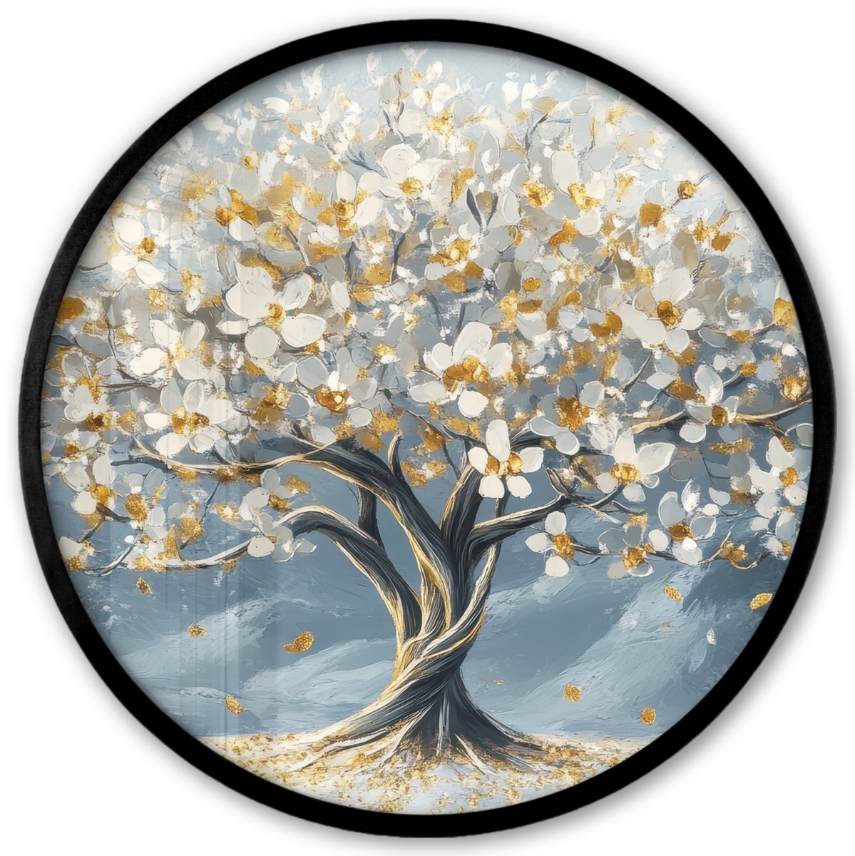 FrameYourWall Poster in lijst Rond - Fotolijst 40x40 cm - Posters - Boom - Winter - Levensboom - Modern - Goud - Ronde posterlijst zwart - Decoratie - Wanddecoratie woonkamer - Muurdecoratie slaapkamer