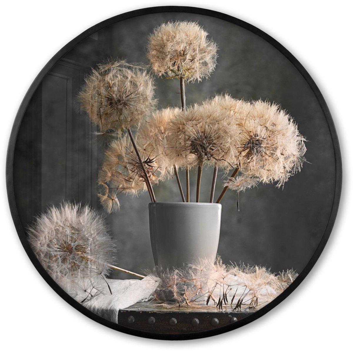 FrameYourWall Poster in lijst Rond - Fotolijst 80x80 cm - Posters - Bloemzaden - Paardenbloem- Vaas - Stilleven - Boeket - Ronde posterlijst zwart - Decoratie - Wanddecoratie woonkamer - Muurdecoratie slaapkamer Vaas - Paardebloemen