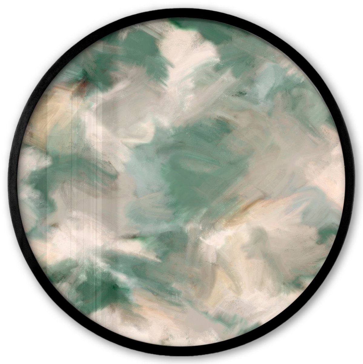 FrameYourWall Poster in lijst Rond - Fotolijst 40x40 cm - Posters - Kunst - Verf - Groen - Beige - Abstract - Ronde posterlijst zwart - Decoratie - Wanddecoratie woonkamer - Muurdecoratie slaapkamer