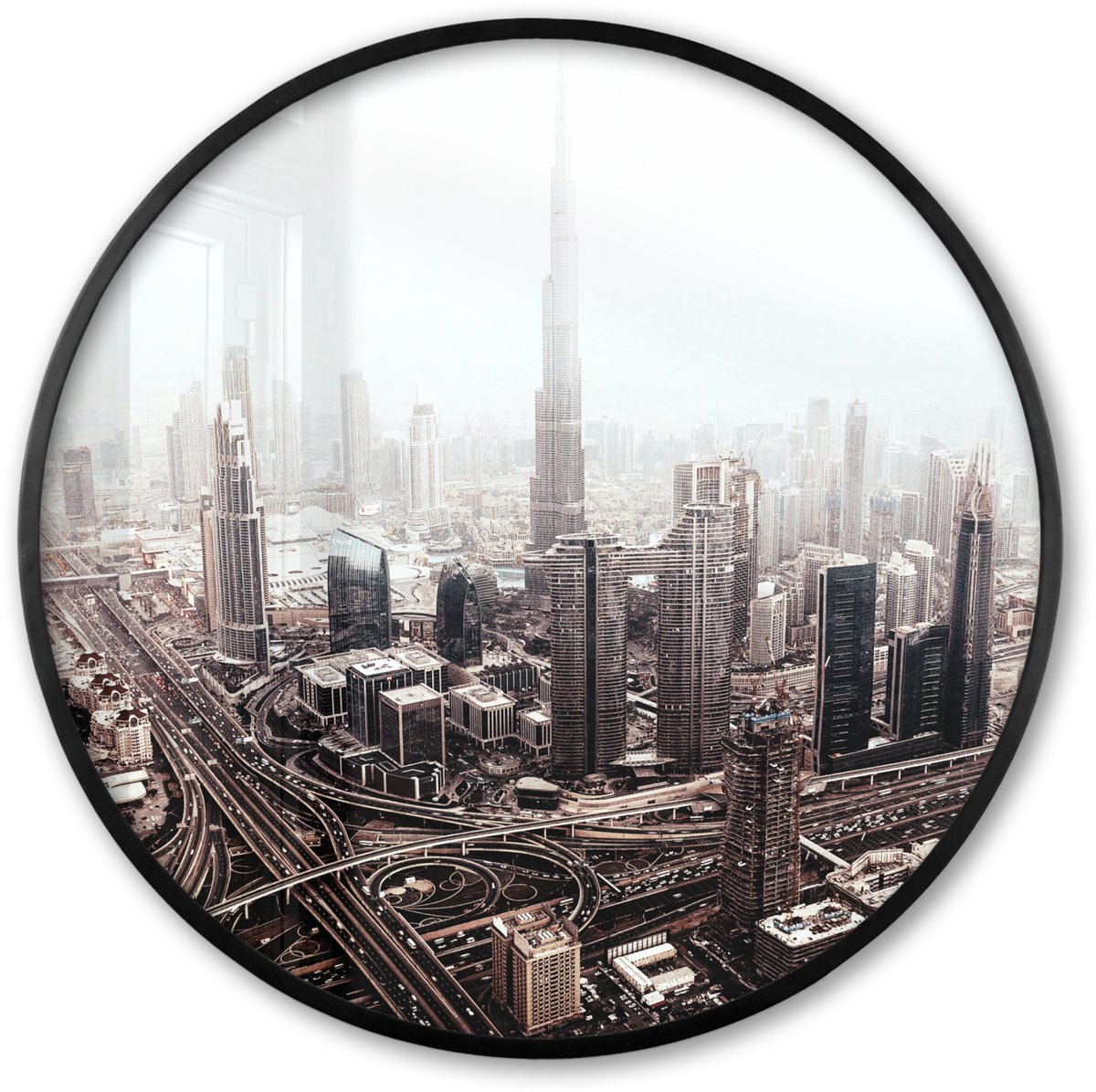 FrameYourWall Poster in lijst Rond - Fotolijst 80x80 cm - Posters - Stad - Architectuur - Gebouwen - Zwart wit - Ronde posterlijst zwart - Decoratie - Wanddecoratie woonkamer - Muurdecoratie slaapkamer Multicolor