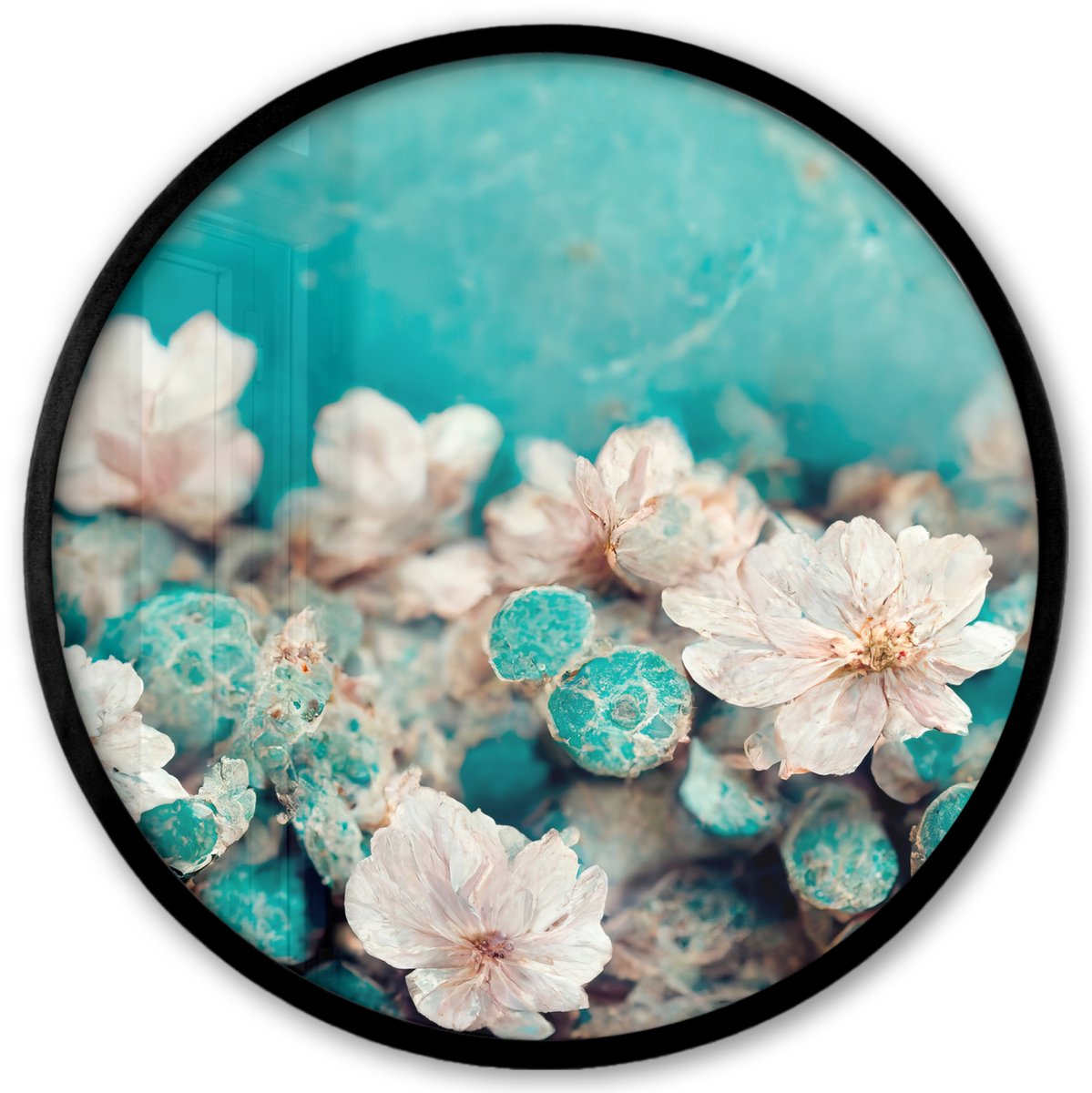 FrameYourWall Poster in lijst Rond - Fotolijst 40x40 cm - Posters - Bloemen - Blauw - Natuur - Wit - Ronde posterlijst zwart - Decoratie - Wanddecoratie woonkamer - Muurdecoratie slaapkamer Multicolor