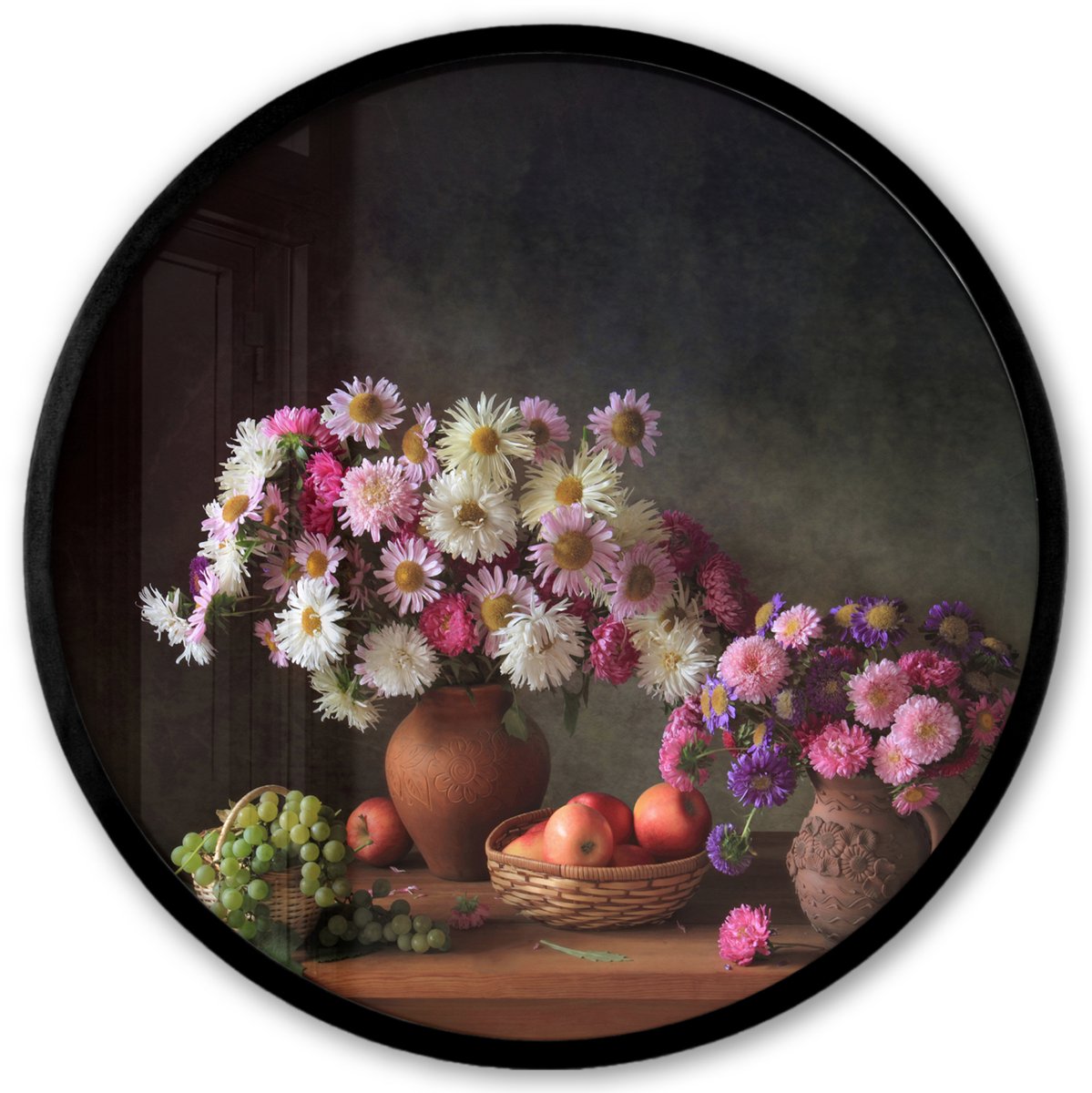 FrameYourWall Poster in lijst Rond - Fotolijst 40x40 cm - Posters - Bloemen - Fruit - Stilleven - Roze - Ronde posterlijst zwart - Decoratie - Wanddecoratie woonkamer - Muurdecoratie slaapkamer Multicolor