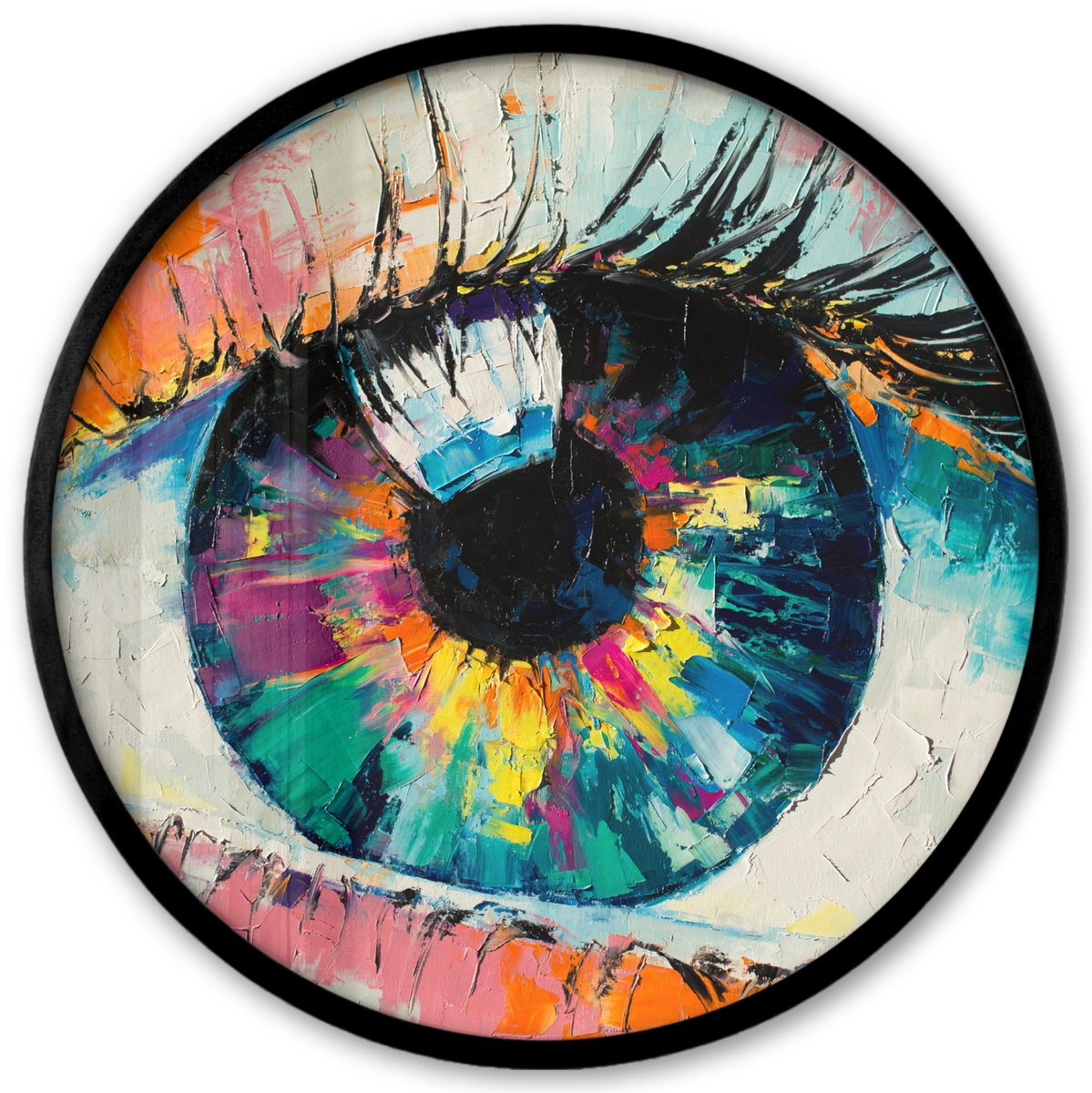 FrameYourWall Poster in lijst Rond - Fotolijst 40x40 cm - Posters - Schilderij - Olieverf - Oog - Kleuren - Ronde posterlijst zwart - Decoratie - Wanddecoratie woonkamer - Muurdecoratie slaapkamer Multicolor