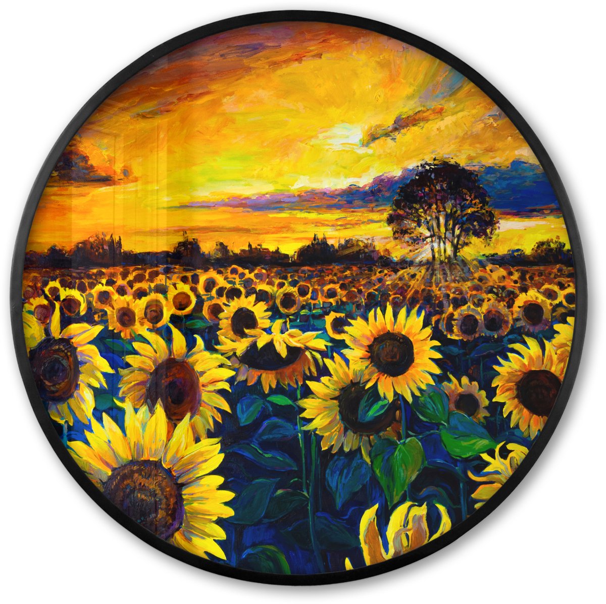 FrameYourWall Poster in lijst Rond - Fotolijst 80x80 cm - Posters - Schilderij - Olieverf - Bloemen - Zonnebloem - Ronde posterlijst zwart - Decoratie - Wanddecoratie woonkamer - Muurdecoratie slaapkamer Zonnebloemen - Verf