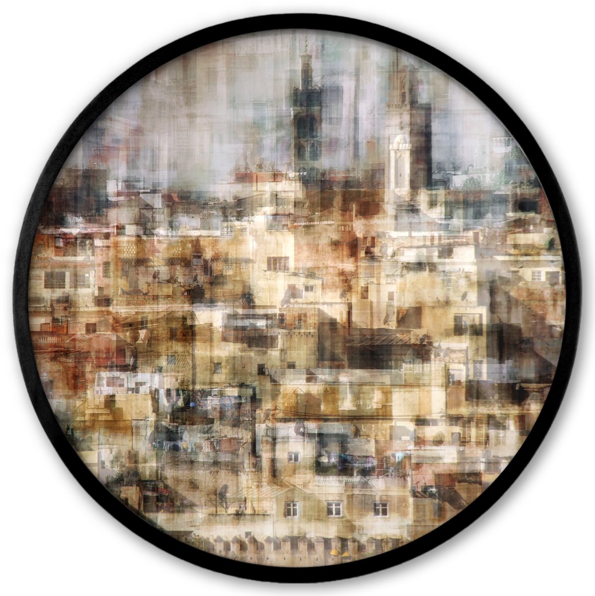 FrameYourWall Poster in lijst Rond - Fotolijst 40x40 cm - Posters - Stad - Kunst - Huizen - Beige - Ronde posterlijst zwart - Decoratie - Wanddecoratie woonkamer - Muurdecoratie slaapkamer Multicolor