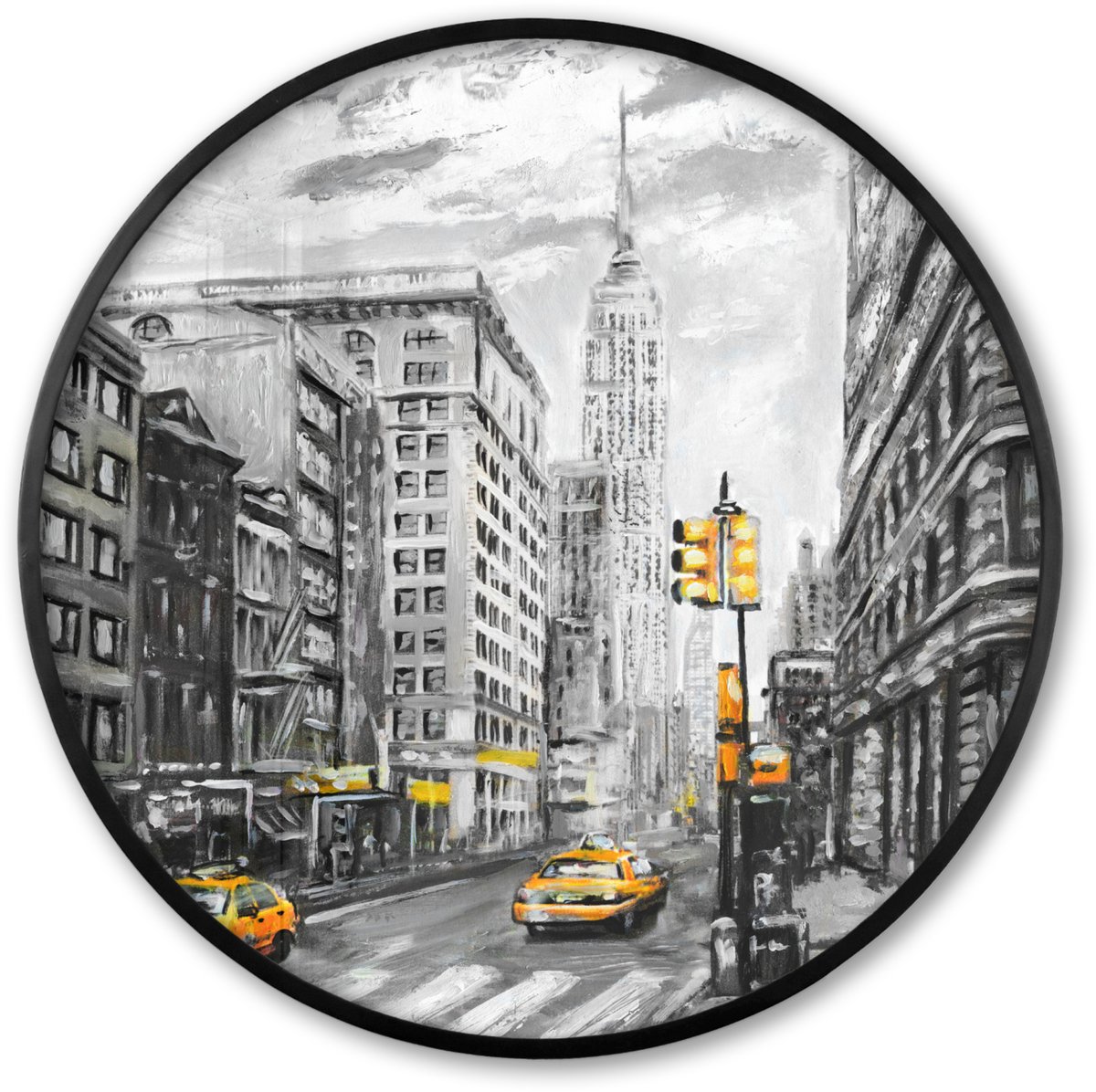 FrameYourWall Poster in lijst Rond - Fotolijst 60x60 cm - Posters - Schilderij - Stad - Auto - Geel - Ronde posterlijst zwart - Decoratie - Wanddecoratie woonkamer - Muurdecoratie slaapkamer New York - Geel