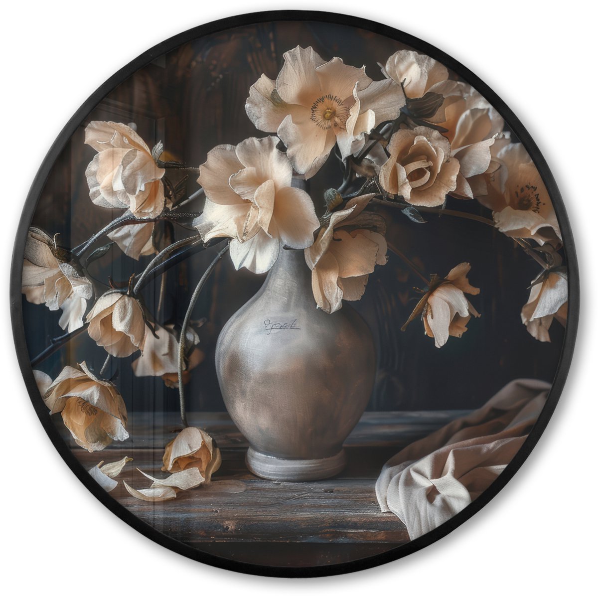 FrameYourWall Poster in lijst Rond - Fotolijst 80x80 cm - Posters - Bloemen - Vaas - Kunst - Stilleven - Ronde posterlijst zwart - Decoratie - Wanddecoratie woonkamer - Muurdecoratie slaapkamer