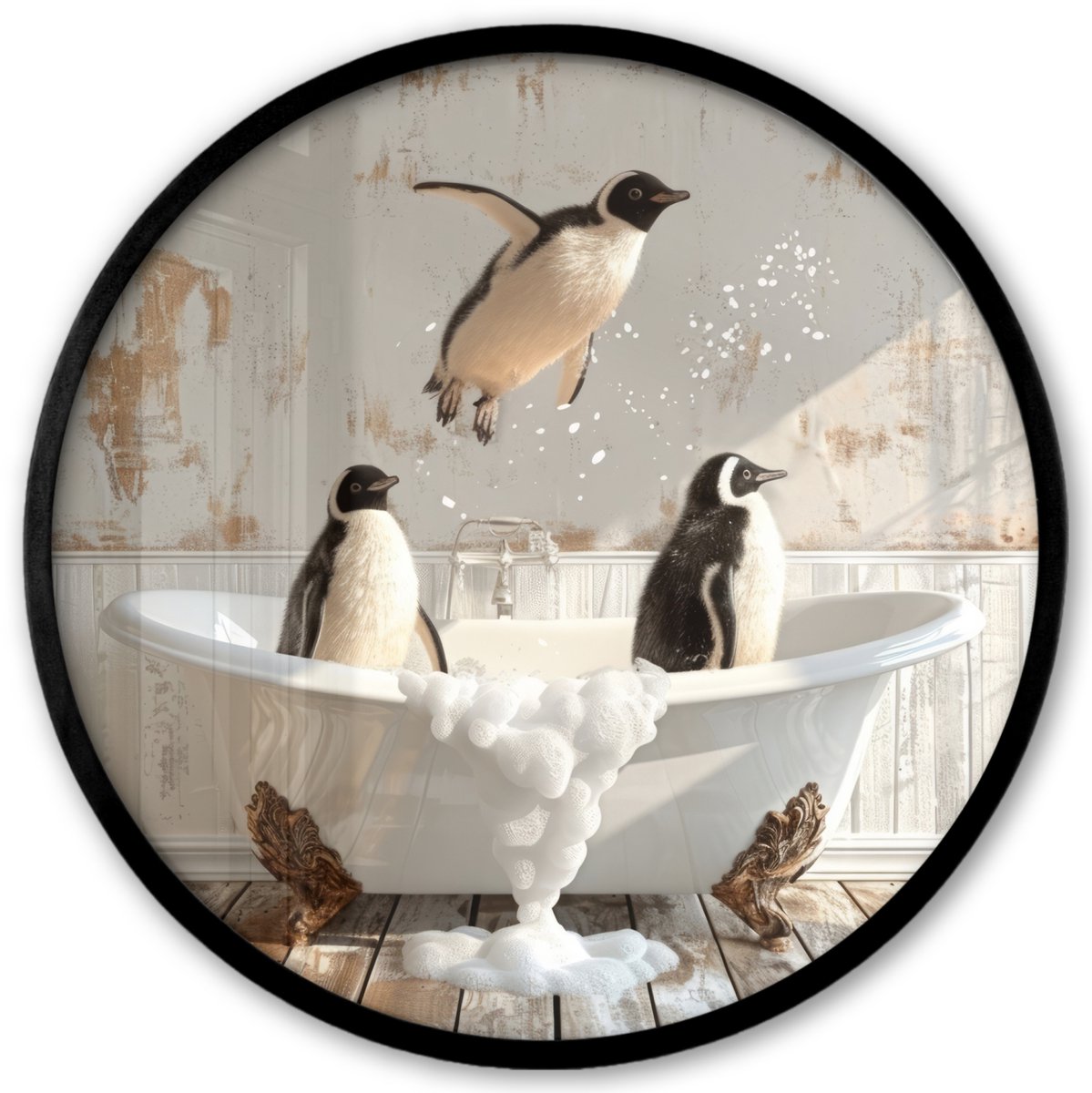 FrameYourWall Poster in lijst Rond - Fotolijst 40x40 cm - Posters - Vintage - Pinguïn - Badkuip - Schuim - Ronde posterlijst zwart - Decoratie - Wanddecoratie woonkamer - Muurdecoratie slaapkamer Pinguïns - Badkuip