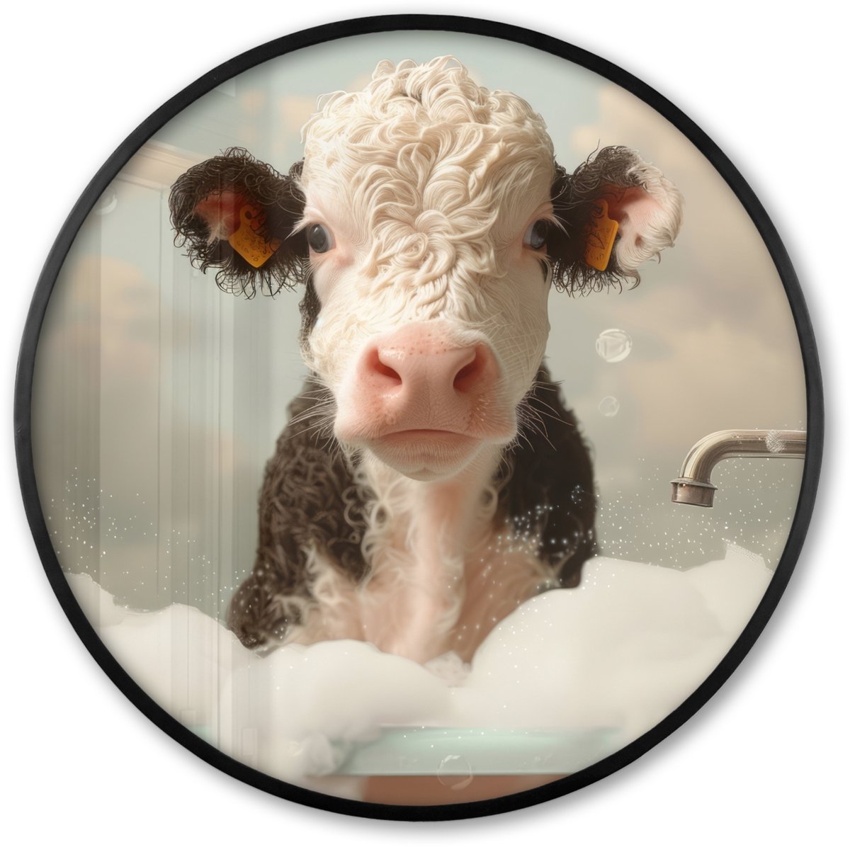 FrameYourWall Poster in lijst Rond - Fotolijst 60x60 cm - Posters - Kalf - Koe - Bad - Schuim - Dieren - Ronde posterlijst zwart - Decoratie - Wanddecoratie woonkamer - Muurdecoratie slaapkamer