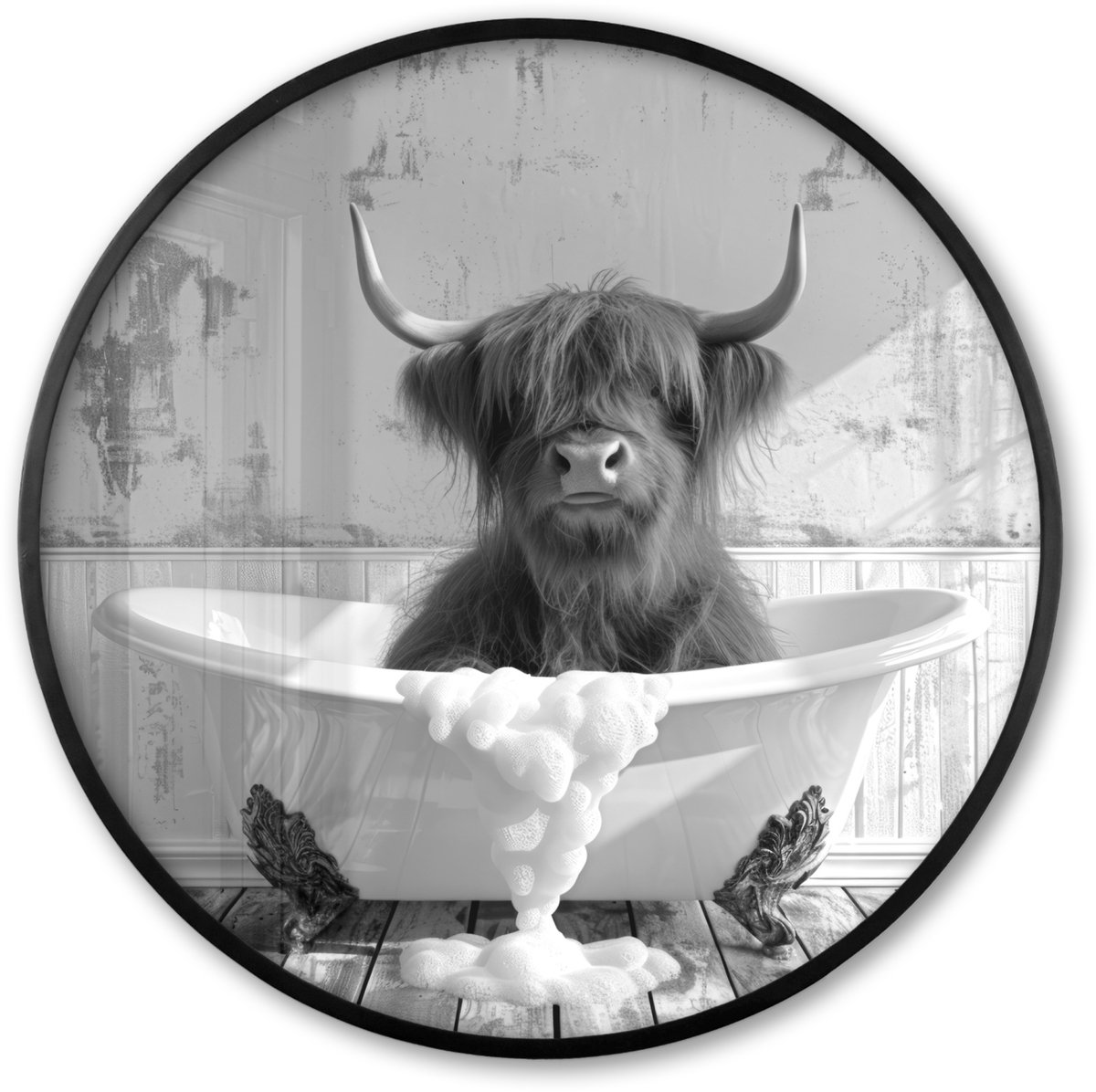 FrameYourWall Poster in lijst Rond - Fotolijst 60x60 cm - Posters - Schotse Hooglander - Dier - Badkuip - Zwart - Wit - Ronde posterlijst zwart - Decoratie - Wanddecoratie woonkamer - Muurdecoratie slaapkamer
