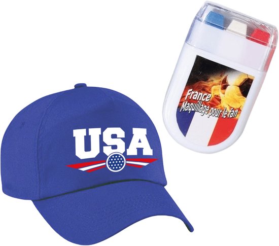 USA / Amerika supporters verkleed set - baseballcap met print - blauw - met vlag schminkstift - volwassenen - Sport / WK / landen
