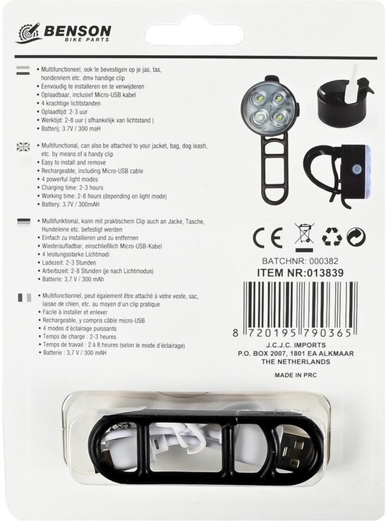 Benson Fietslamp - 2x - wit voorlicht - LED - USB oplaadbaar - inclusief clip en kabel — afbeelding 2
