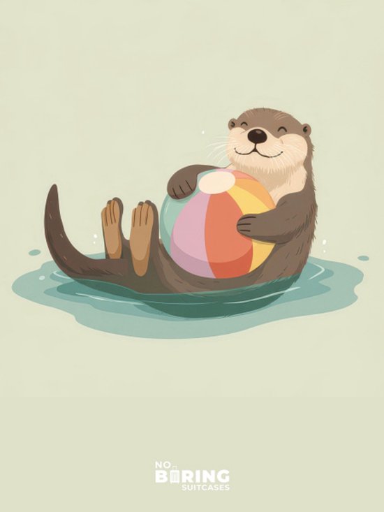 Bruine otter drijft op de rug met een vrolijke strandbal in de poten.