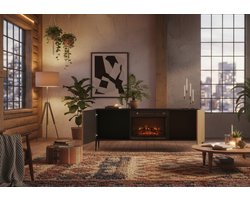 TV-kast met elektrische haard – TasalFurniture FlameEdge 170 cm – Modern design met 2 deuren & 2 planken – Verwarming & vlameffect – Push-to-open systeem – Mat zwart & artisan eiken – Voor woonkamer