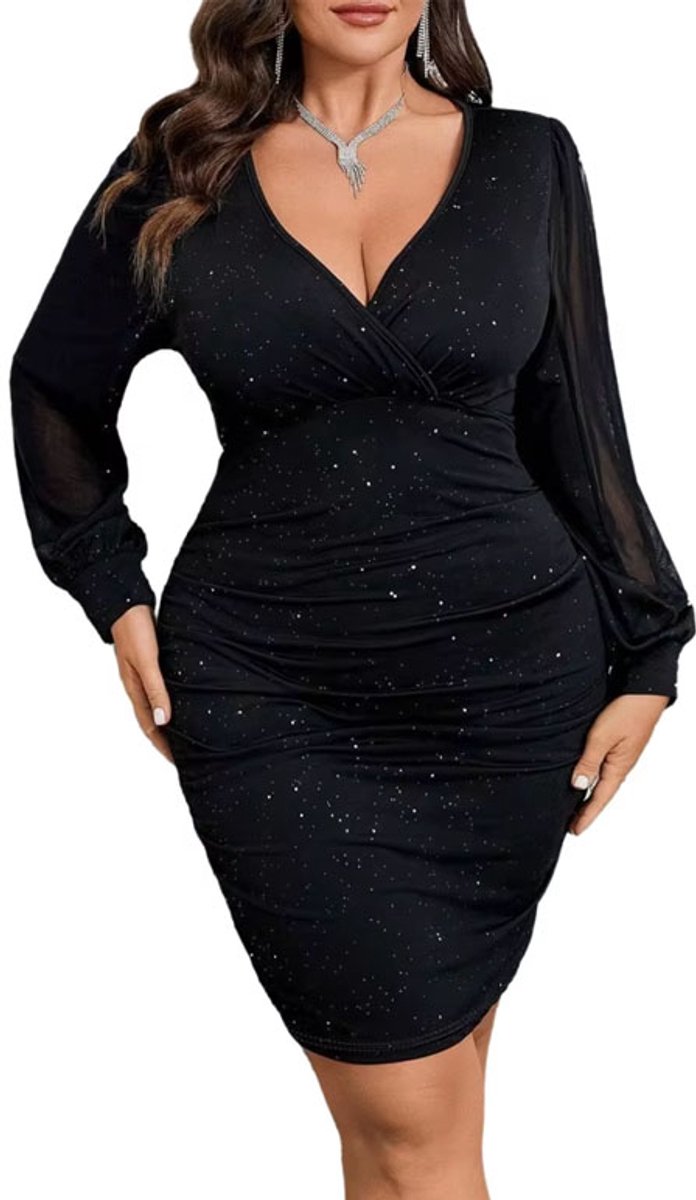 Glitter jurk plus size - Decolleté - Feest en Gala - Mesh mouwen - Grote maten