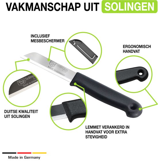Zwart Solingen schilmesje met details van het mes en handvat. 'Duitse kwaliteit'.