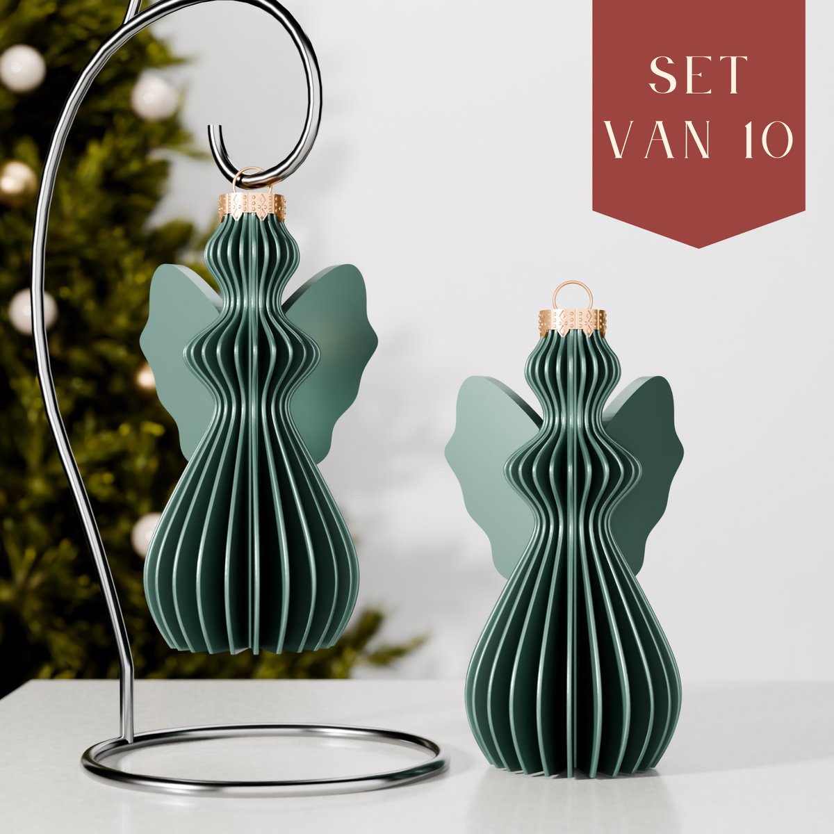 Fleuriek – Luxe kerstbal engel – Glanzend Groen, 10 stuks – Onbreekbare plastic kerstornamenten – Engelvormige kerstballen, sfeervolle kerstdecoratie, Glanzende afwerking