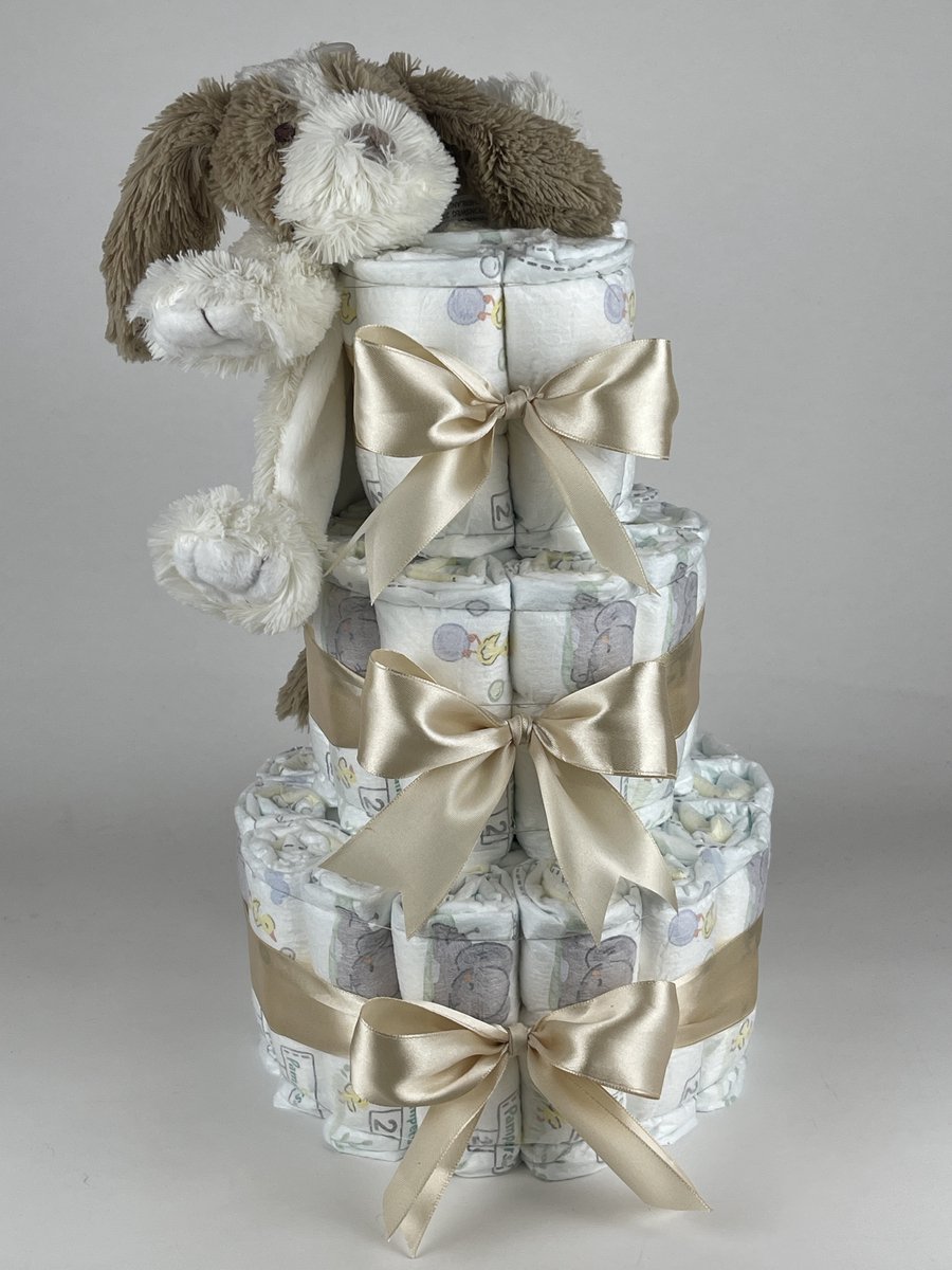 Chouette-Chouette | Luiertaart Neutraal | Kraamcadeau | Geboorte Jongen Meisje | Babyshower | Tuttle Hond David Beige