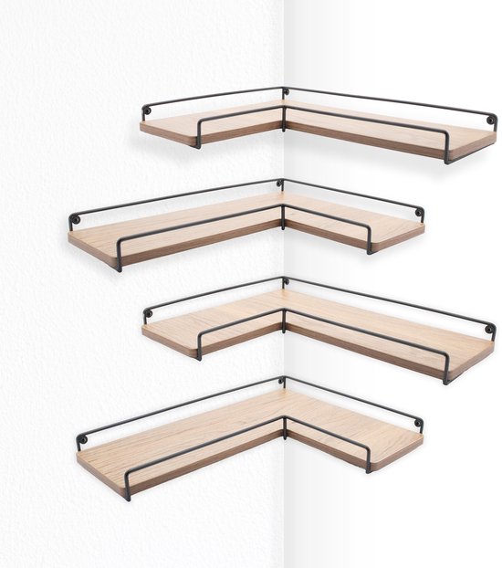 Kyto hoekplank 4-delige set L-vormige wandplanken van hout en zwart metaal - wandmontage hoek badkamer, keuken, slaapkamer, woonkamer