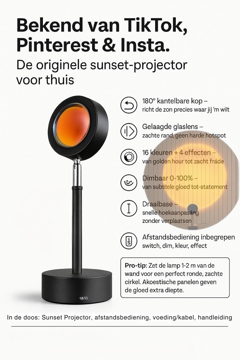 Sunset Lamp – Golden Hour Projector – 16 Kleuren – 360° Draaibaar – LED Sfeerverlichting – Romantische Zonsondergang - Tiktok lamp