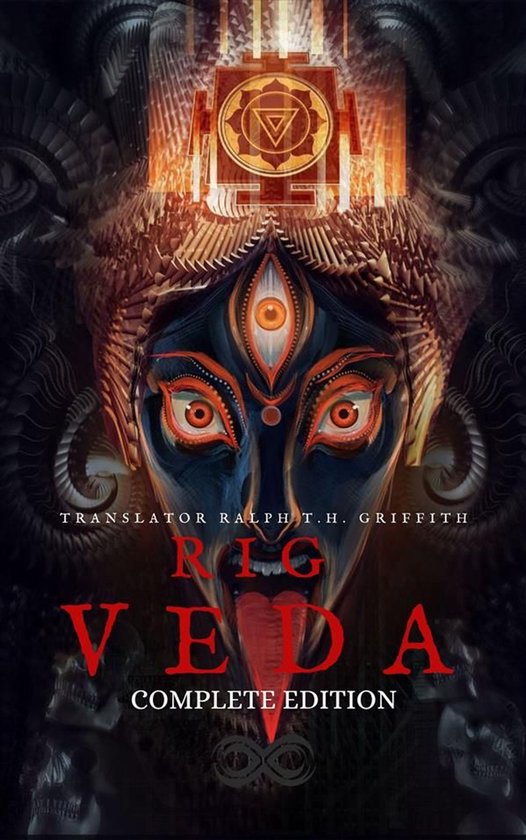 Boekomslag van de Rig Veda, met een demonische gezicht en de tekst "RIG VEDA COMPLETE EDITION".