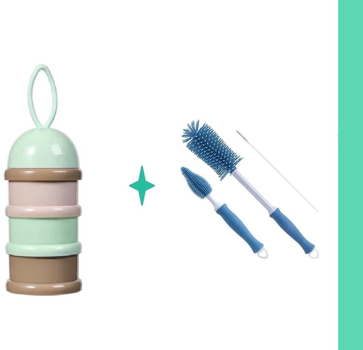 Image of 4-Laags Baby Melkpoedertoren Groen + Blauwe Flessenborstel - melkpoeder doseerdoosjes - babyvoeding bewaarbakjes BPA Vrij - 1 Stuk