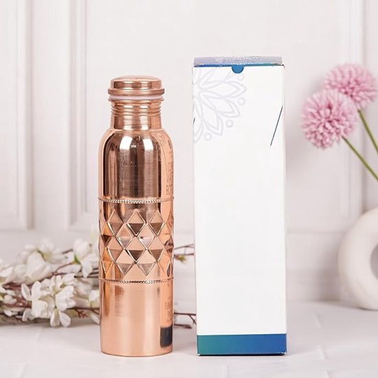 Koperen Waterfles 900ml - Puur Koper Ayurveda Fles Met Diamant Design Lekvrij