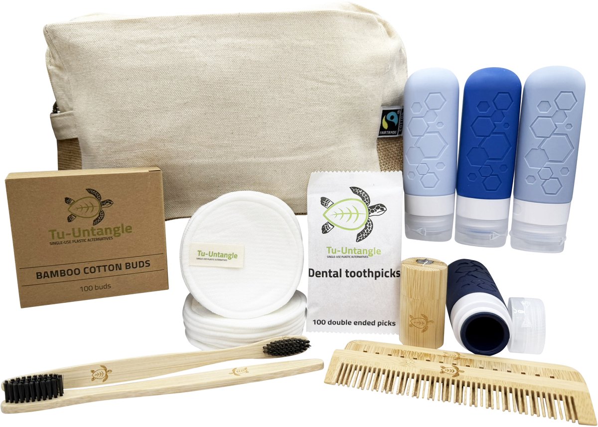 Tu-Untangle - Zero Waste Reisset - 8-delig - Bamboe & Siliconen - Sky Blue - Milieuvriendelijk & Herbruikbaar