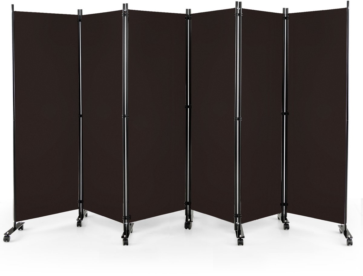 Costway Ruimteverdeler op wieltjes, kamerscherm, 6-delig, scheidingswand opvouwbaar, van stof, inkijkbescherming voor meer privacy en flexibiliteit, 334,5 x 172 cm (bruin)