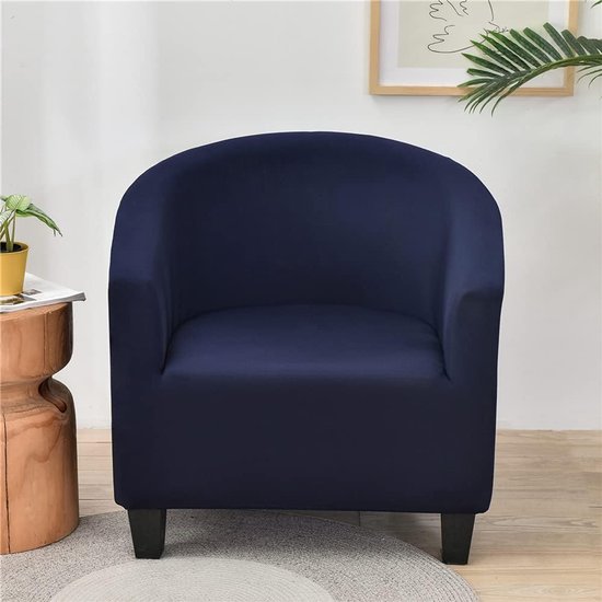 Stoelhoes, effen, elastisch, hotelstijl, Chesterfield stoel, één stuk, effen, bankhoes met armleuningen, kuipstoelhoes, donkerblauw.