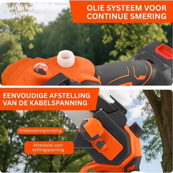 White-Label® Telescopische Snoeischaar - Mini Kettingzaag - Heggenschaar - Takkenschaar - Takkenzaag - Elektrische Snoeizaag met Accu - Zwart en Oranje van White-Label® — afbeelding 5
