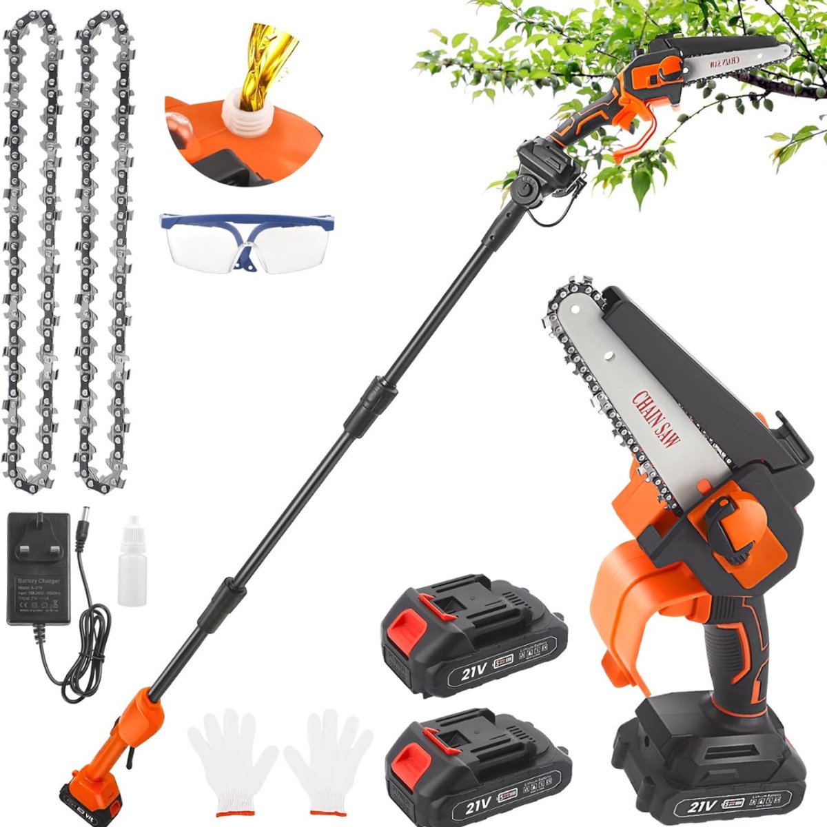 White-Label® Telescopische Snoeischaar - Mini Kettingzaag - Heggenschaar - Takkenschaar - Takkenzaag - Elektrische Snoeizaag met Accu - Zwart en Oranje