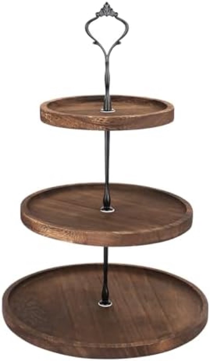 PromoHome Drie-laags Dessertstandaard - Houten Serveerplateaus met Metalen Handvat