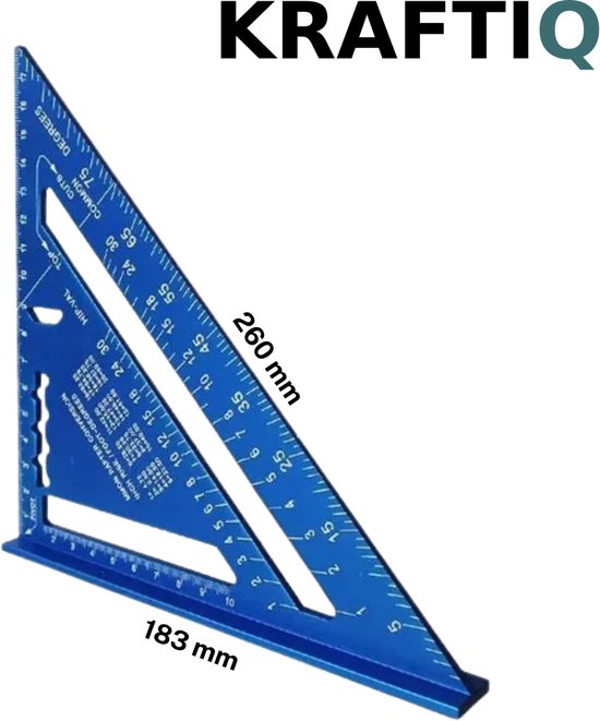 KRAFTIQ Speed Square 180 mm – Équerre combinée 5-en-1 – Équerre en aluminium léger – Équerre à onglets, équerre de charpentier & guide de scie – Métrique – Bleu
