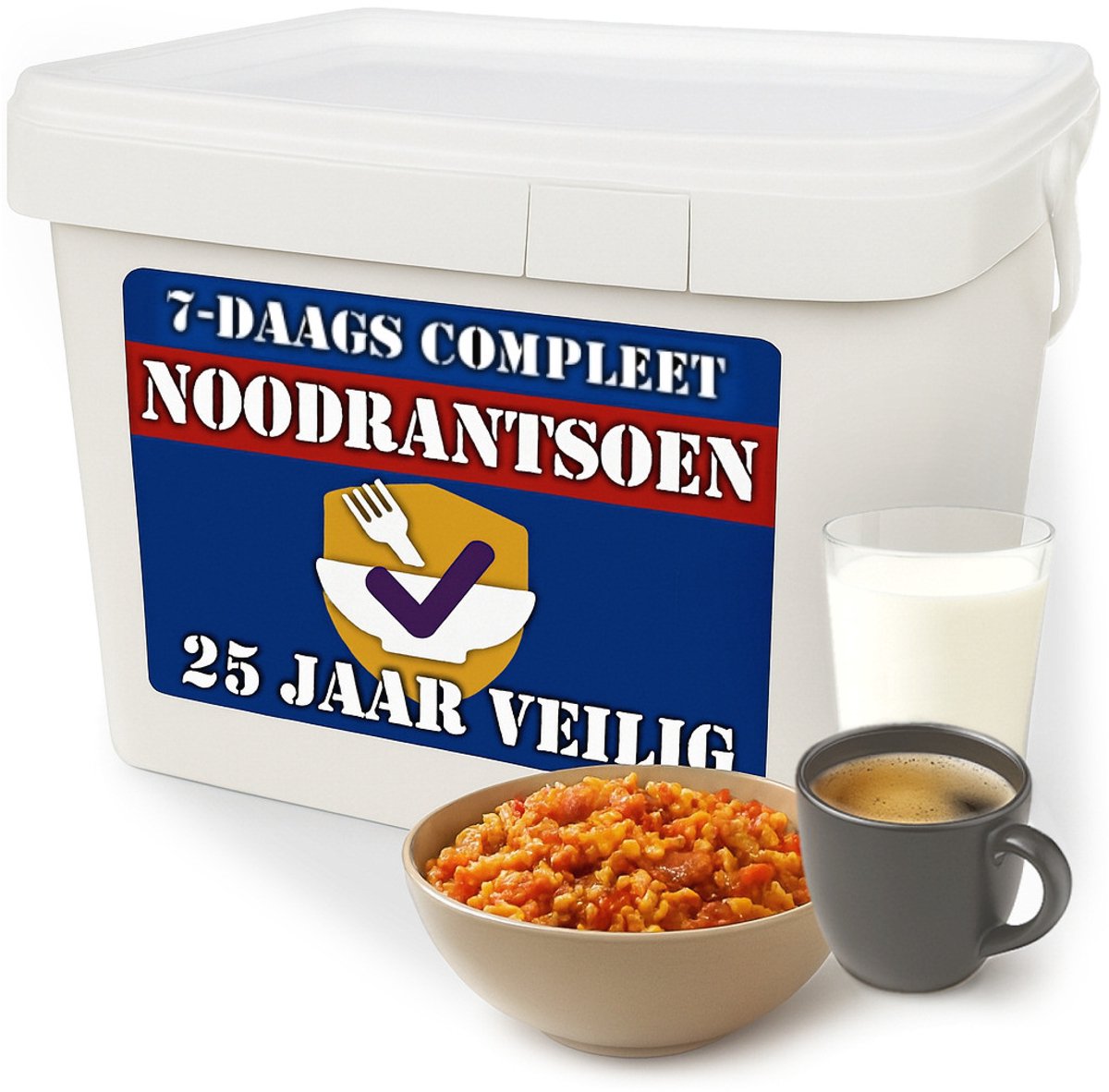 Cover van Noodpakket voor Thuis - Overlevingspakket Oorlog - Weekbox Voedselpakket - Denk Vooruit Overheid - Survival Set & Kit - Nood Ton met Eten en Drinken - Noodrantsoen & Prepper Voeding - Droogvoedsel Pakket 20 tot 25 Jaar Lang Houdbaar