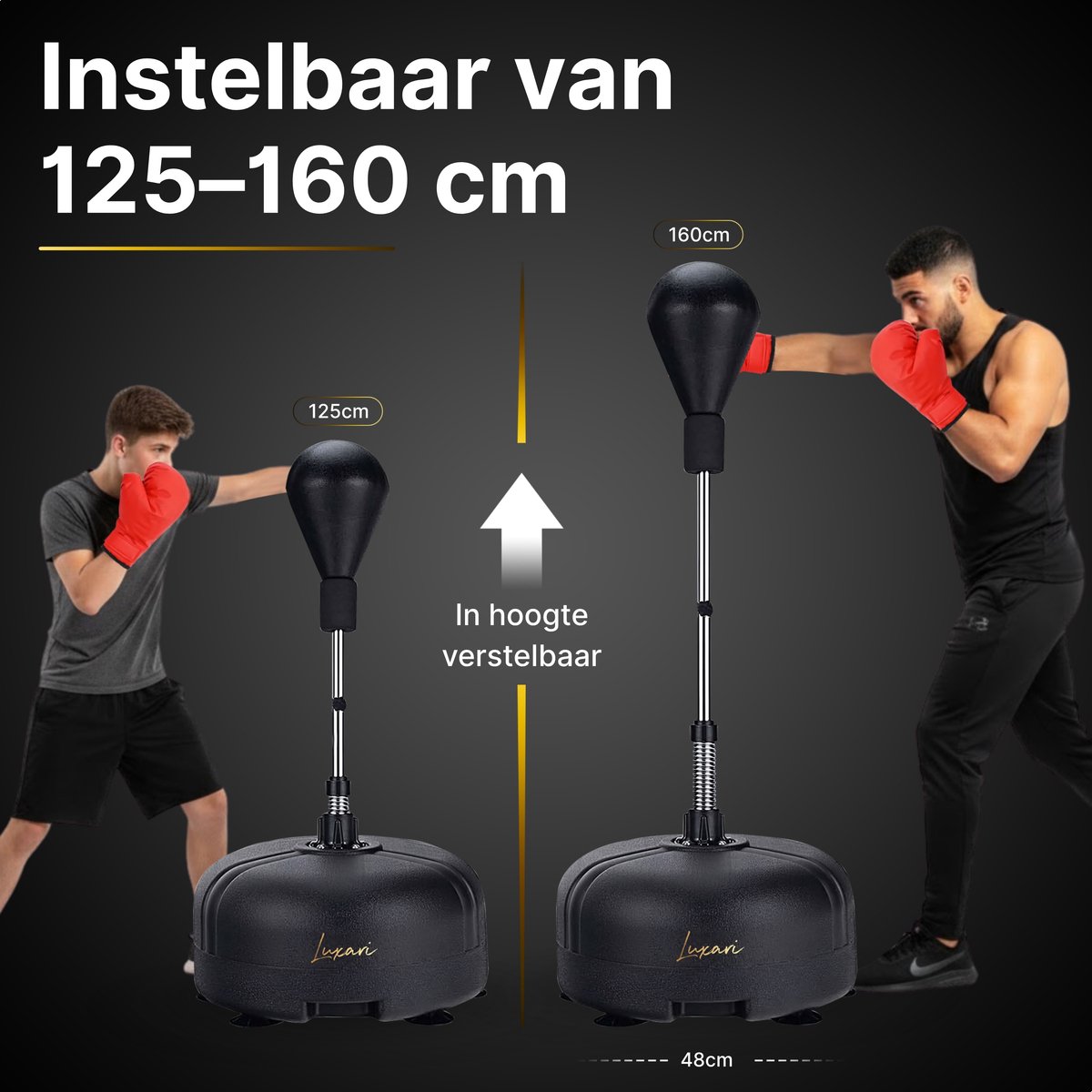 KOMFOTTEU Punchingball bokszak op voet, in hoogte verstelbaar 140-150 cm, boksbal op gevulde bodem, bokshandschoenen, boksset, staande bokszak voor volwassenen en kinderen (zwart