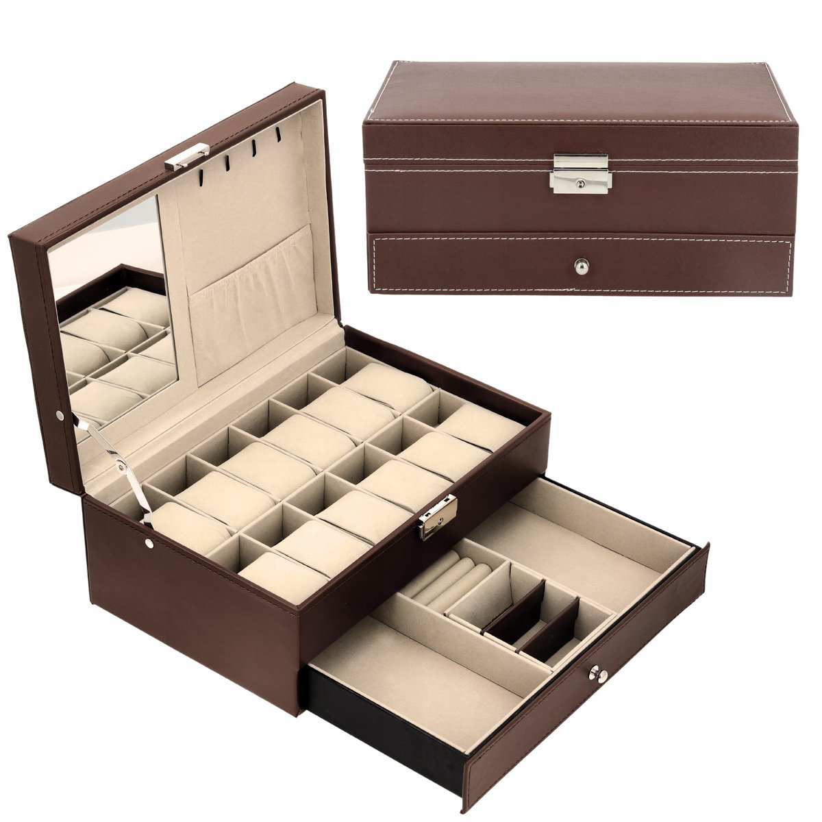 Luxe Horloge Sieraden Organizer Koffer - 12 Vakken, Bruin