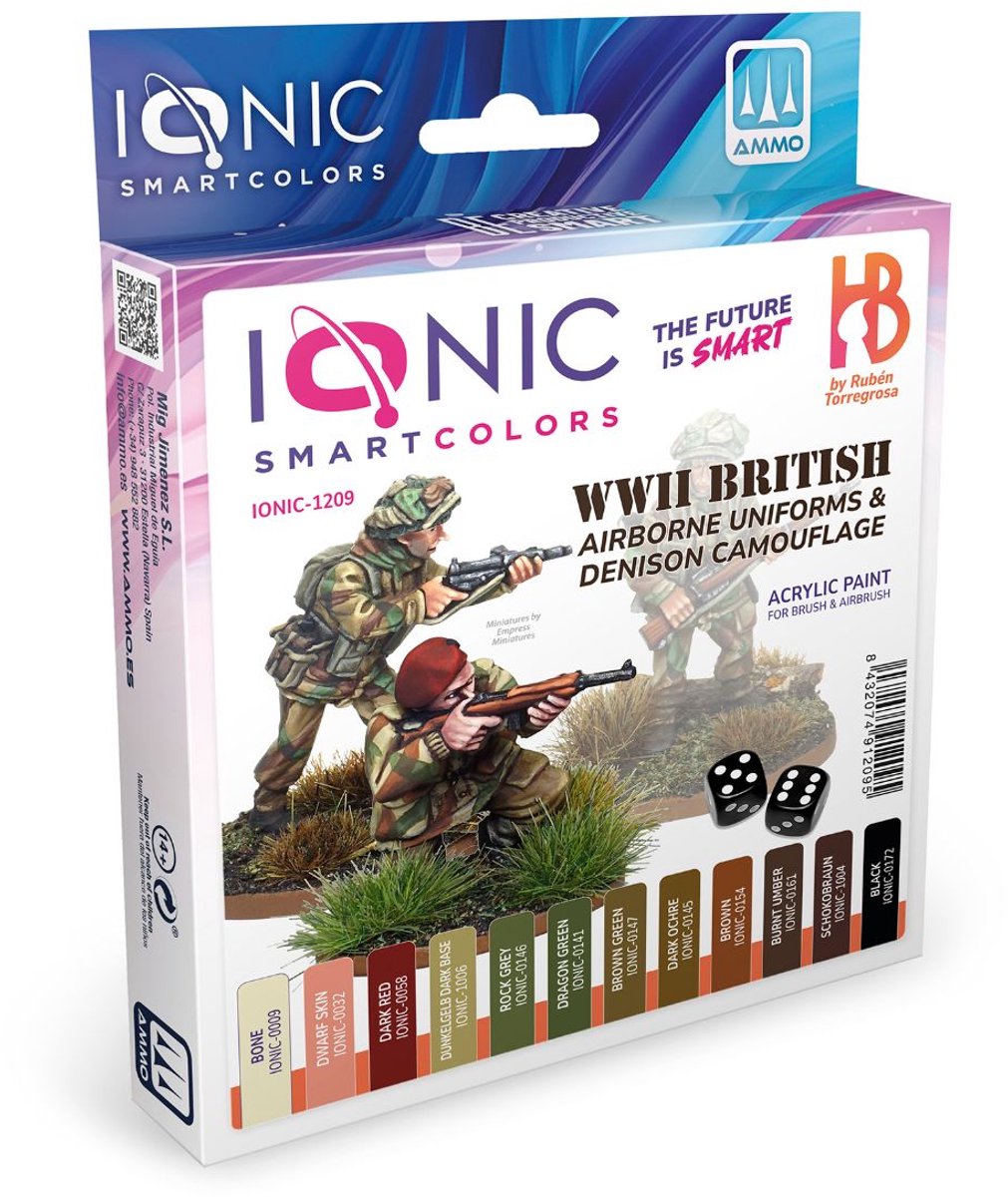 AMMO by Mig Jimenez Hobbyverf Acrylverf - MIG IO1209 Ionic Smart Colors - WWII Britse Luchtlandingsuniformen en Denison Camouflage Kleurenset - Acryl Set 12x20ml Verf set - 12x 20 ml