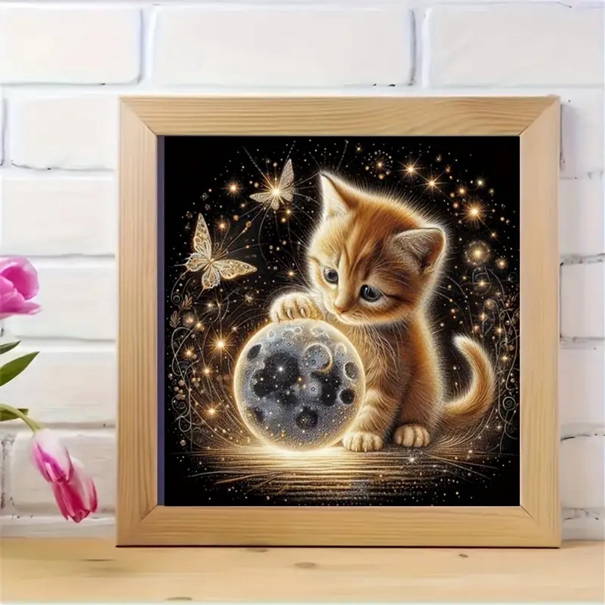 Diamond Painting Kat met Vlinders voor Volwassenen - 5D DIY Pakket - 20 x 20 cm - Inclusief Pen, Schudbakje en Wax — afbeelding 6