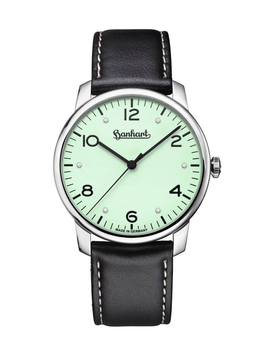 Hanhart horloge Silva Pistachio - pistache groen - zwart leder band - leer - 38,5 mm diameter